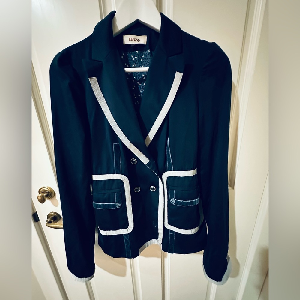 KENZO Rare Women’s Blazer Velvet Detail in Navy Blue & White Authentic Vintage